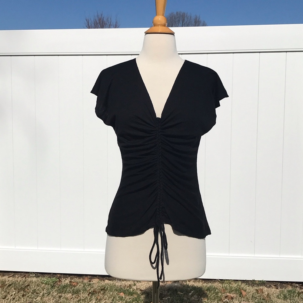 NWT Max Studio Black Short Sleeve V-neck Top Braided Scrunched Design Size Med